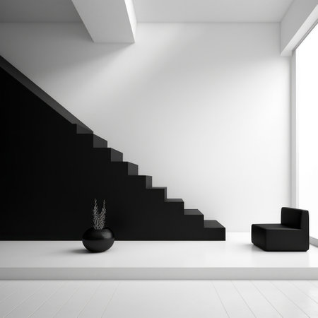 a white and black house interior featuring wooden stairs and a large window. the design is inspired by minimalist monochromatic landscapes, incorporating dark colors, geometric minimalist sculptures, and elements of minimalistic japanese style. the space showcases bold black and white contrasts, as well as striking color blends and sculpted details. ai generatedの素材