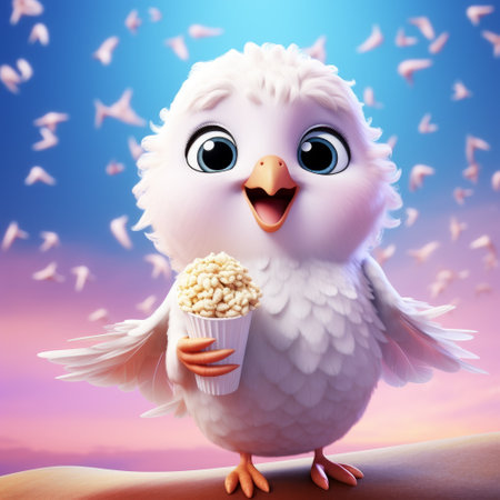 a small bird, in the style of vray tracing, holds popcorn in its hands. the image showcases a cute and dreamy scene with a frozen movement. the realistic depiction of light, rendered in maya, adds a crisp and delicate touch to the overall composition. whitcomb-girls aesthetic is evident in this captivating photo. ai generatedの素材