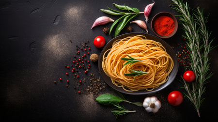 spaghetti and garlic, two essential ingredients, are showcased on a dark background in this captivating photo. the composition, reminiscent of award-winning anglocore style, features vibrant hues of light crimson and dark black. the highly polished surfaces add a touch of elegance, while the use of fujifilm eterna 400t film enhances the representational quality of the image. ai generatedの素材