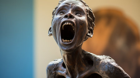 statue of a boy screaming at the new york museum of natural history, captured in a close-up intensity by photographers aliza razell and serge marshennikov. this intense expressionist realism piece, in light bronze and blue, evokes a sense of raw emotion. the demonic photograph by jakub ralski adds an intriguing twist to the collection. ai generatedの素材