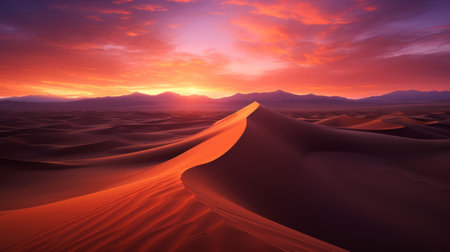 a stunning uhd image capturing a desert landscape at sunset. the red sand contrasts beautifully with the vibrant blue sky. this exotic fantasy landscape showcases purple and amber hues, with smooth curves and wavy lines creating organic shapes. the tilt-shift photography technique adds a touch of romance and drama to this breathtaking scene. ai generatedの素材