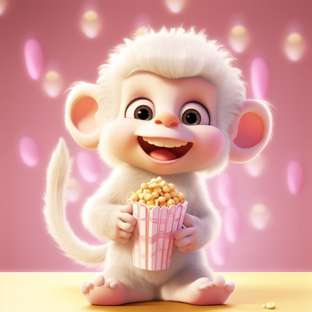 cartoon monkey with popcorns sitting in the corner of the screen, depicted in a meticulous photorealistic style. the monkey is light white and light pink, with a kid-friendly appearance. the image showcases subtle gradients and is created using zbrush software. this stunning artwork is reminiscent of an imax experience. ai generatedの素材
