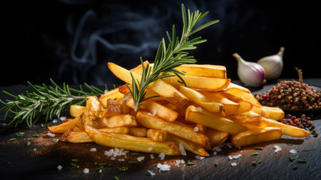 french fries with garlic, coated in a soft mist of flavor, boast luxurious textures that are both precise and lifelike. the rustic texture of these fries is streaked with the aromatic essence of garlic, creating a mouthwatering experience. ai generatedの素材