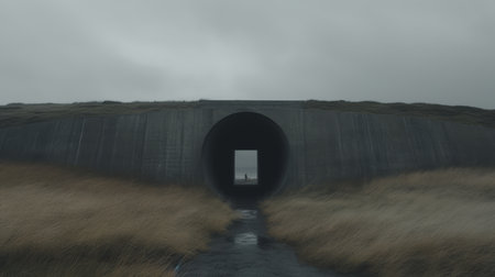 a photo of a concrete brutalism style road leading to ingvellir, capturing realistic chiaroscuro and depth of field. the image embodies elements of japanese minimalism, with a sense of passage and post-apocalyptic imagery. it evokes contemplative absurdity, inviting viewers to reflect on the unique blend of architectural aesthetics and natural surroundings. ai generatedの素材