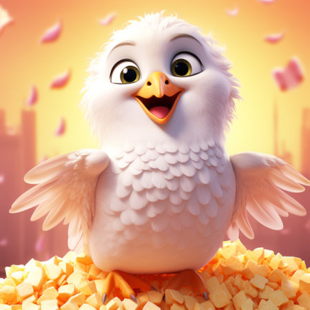 a young white bird perches on a basket of rice, showcasing the iconic pop culture caricatures and joyful chaos of the cinema4d rendering style. the glimmering transformation of the scene is enhanced by inventive character designs, creating a visually captivating image. petrina hicks' artistic touch adds a unique flair to this imax-worthy composition. ai generatedの素材