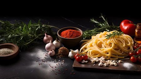 fresh pasta on a wooden board, styled with dark black and red tones, captured in a photorealistic still life. this vibrant image showcases the samyang af 14mm f2.8 rf lens, known for its performance-oriented features. the bright and bold color palette adds to the immersive experience, reminiscent of mediterranean landscapes. ai generatedの素材