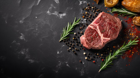 a deliciously cooked steak is showcased on a dark grey granite table, accompanied by fresh asparagus, mushrooms, garlic, and fragrant rosemary. the raw materials and dark colors of the table create a striking backdrop for this mouthwatering dish. the african influence is evident in the dark gray and black tones, while touches of pink, dark silver, and amber add depth to the overall aesthetic. taxidermyの素材