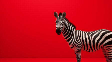 a zebra, captured in a close-up shot, stands confidently against a vibrant red background. this minimalistic composition, reminiscent of mike campau's style, showcases the zebra's playful expressions. with the use of ray tracing, this high-resolution image with 20 megapixels captures the essence of playful installations. ai generatedの素材