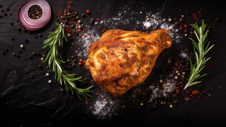 chicken thigh with herbs and spices, showcased on a sleek black background. this top-view image captures the essence of precision and detail, reminiscent of uhd quality. the dish is prepared in the style of 1970s-present, with a touch of alla prima technique and tattoo-inspired aesthetics. the visual is enhanced with rtx technology, giving it a futuristic and manapunk vibe. ai generatedの素材