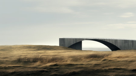 the wooden-based bridge, situated amidst a lush green grassy landscape, showcases a captivating blend of ethereal minimalism and gravity-defying architecture. reminiscent of danish golden age paintings and concrete art, this photo captures the essence of muted seascapes. shot with a ricoh gr iii camera and enhanced with vray, it exudes a unique aesthetic appeal. ai generatedの素材