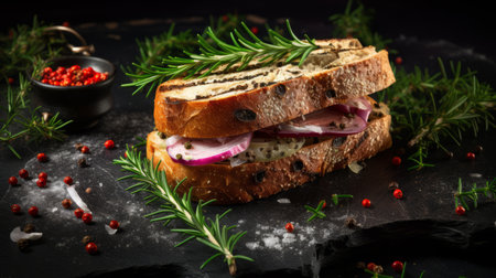 sandwiches with herbs, onions, and tomatoes are beautifully presented on a slate stone. the image showcases a dark magenta and black color scheme, with a touch of polka dots. captured in high resolution with a hasselblad h6d-400c camera, the selective focus highlights the troubadour style of the dish. the overall aesthetic is enhanced by the dark beige and gray tones. ai generatedの素材