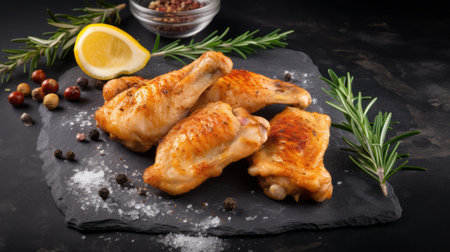 roasted chicken wings seasoned with salt and rosemary are beautifully presented on a sleek black slate. this photograph, captured in the style of focus stacking, showcases the intricate details of the dish. the use of the provian technique and inspiration from the barbizon school adds depth to the composition. the image also highlights the feminine body with its fine lines and delicate curves, reminiscent ofの素材