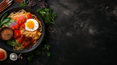 a plate of food featuring noodles and chopsticks, topped with a perfectly cooked egg. the image showcases a unique and innovative page design with warm tones of dark gray and crimson. captured in 32k uhd resolution, the photograph exudes a solapunk aesthetic, enhanced by the use of a medium format lens. the dark orange and black elements add depth and contrast to the composition. aiの素材