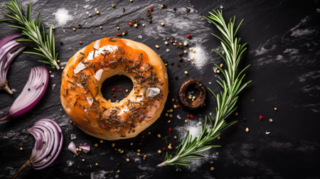 a bagel topped with a variety of spices and herbs including oregano, garlic, onion, rosemary, chives, and parsley. this high-definition image showcases the contemporary and visually appealing presentation of the bagel, making it a tempting treat for any food lover. ai generatedの素材