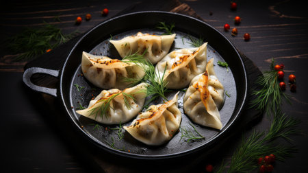 two dumplings are being cooked in a pan, accompanied by dill and spring onions. the exquisite craftsmanship is evident in the dark gray and amber colors, as well as the beautifully folded planes. this culinary creation showcases the influence of the gutai group, with its multi-layered presentation and contrasting shades of dark white and light crimson. ai generatedの素材