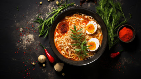 a photo of a delicious noodle dish with chicken and vegetables, placed on a wooden table. the image is captured in a black background style, giving it a hallyu vibe. the high-quality uhd image showcases the vibrant colors of the dish, with dark orange and red hues. the photographer, bess hamiti, used a hasselblad 500cm camera to capture the intricate texture of the food. aiの素材
