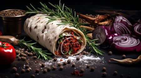 a burrito, inspired by the artistic style of caras ionut, is showcased on a dark background. this uhd image by svetlin velinov captures the orientalist influences with its rich and vibrant colors, including dark red and light emerald. the composition evokes the spatial aesthetics reminiscent of alberto burri's work. ai generatedの素材