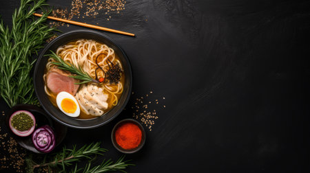 stir fry asian cuisine noodle soup with egg, seafood, mushrooms, and noodles in a bowl. the minimalist imagery by marcin sobas showcases the dish over a black background, with gold leaf accents adding an innovative touch. the birds-eye-view perspective, combined with the light pink and dark black color scheme, creates a visually stunning composition. this high-resolution photo is captured in 8k, highlighting every detail ofの素材