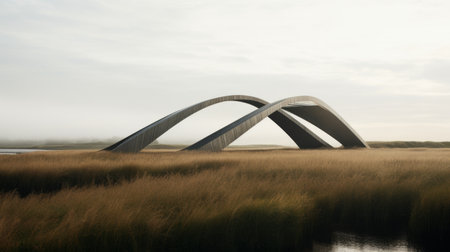 a bridge emerges from the mist, enveloped by towering grass, as it stretches over a serene body of water. this captivating image showcases the sculptural dimensionality and organic biomorphic forms of danish design. with its weathered materials and bentwood elements, this uhd image captures the essence of architectural illustration. ai generatedの素材