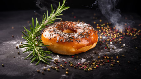 a donut with sea salt and rosemary leaves is showcased on a table, featuring a dark gray and amber color scheme. the image captures explosive pigmentation reminiscent of the les nabis art movement, with delicate precision. this aurorapunk-inspired, pop-culture-infused photograph is presented in high-definition (uhd) quality. ai generatedの素材
