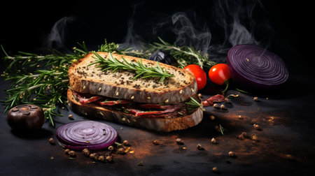 a plate of sandwich featuring sliced meats, tomatoes, and spices is captured in a dark gray and violet style. this realistic still life photograph by caras ionut showcases dramatic lighting, creating a misty atmosphere. the image is in uhd quality and was taken using a voigtlander brilliant camera, resulting in a skeuomorphic aesthetic. ai generatedの素材