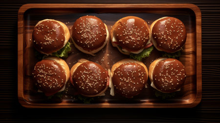 four hamburgers with cheese and lettuce are beautifully arranged on an old wooden tray, set against a rustic wooden background. this photo, rendered in the style of unreal engine, captures the essence of classic japanese simplicity. the dark amber and brown tones add a touch of warmth to the image. with its ultra-high-definition quality and birds-eye-view perspective, this photo is packed with hidden details waitingの素材