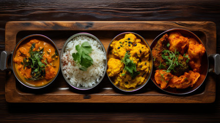 a tray filled with a variety of indian dishes, showcasing vibrant colors reminiscent of impressionist art. the composition exudes a rustic charm with its villagecore aesthetic, highlighted by the use of light indigo and light black tones. the spot metering technique enhances the details, while the manapunk influence adds an element of uniqueness. the overall presentation is rich and immersive, capturing the essence of indianの素材