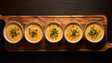 wooden board with five small bowls of soup, featuring a light yellow and gold color scheme. the distinct framing adds an urban grittiness to the image. the composition is reminiscent of the works of sliman mansour, with an exotic and aerial view. the bowls are dotted across the board, creating an intriguing visual pattern. ai generatedの素材