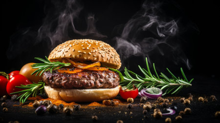 burger engulfed in flames, surrounded by a variety of vegetables, set against a black background. the image features a smokey effect, with sterling silver highlights adding a touch of elegance. the dark orange and brown tones create a misty atmosphere, while the rollei prego 90 camera captures the scene with dotted precision. ai generatedの素材