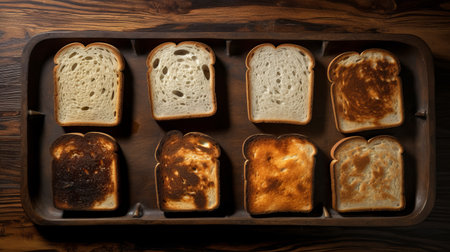 five slices of bread are arranged in a wooden baking pan, resembling the artistic style of christian boltanski. the slices appear burned and charred, with a combination of light white and light brown colors. this composition evokes the works of bess hamiti and charles e. burchfield, showcasing political commentary and intricate textural details. ai generatedの素材
