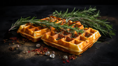 grilled waffles adorned with rosemary sprigs, olives, and herbs are showcased in this stock photo. the image, captured in uhd style, features a dark orange background that enhances its precision and detail-oriented composition. the combination of light brown and aquamarine hues adds a touch of luxury, while the soft-focus technique creates a visually appealing effect. ai generatedの素材