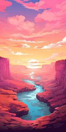 a watercolor painting of rocky rock formations at sunset, depicted in a pixel art style. the illustration showcases a combination of light crimson and turquoise colors, with a flat perspective. inspired by cheyenne art, it offers spectacular backdrops and romantic riverscapes. the use of screen tones adds depth and texture to the artwork. ai generatedの素材