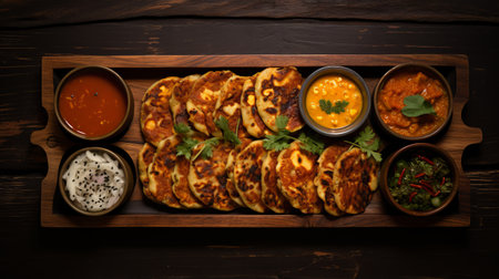 a plate featuring vegetable flatbreads and sauces, inspired by the artistic style of narayan shridhar bendre. the flatbreads are made with cheese, giving them a dark orange and dark black color. the dish is presented on multiple screens, adding a rustic americana touch. the melting pots and golden hues complete the visually appealing composition. ai generatedの素材