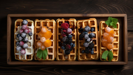 four delicious waffles are beautifully presented on a rustic wooden background, adorned with fresh berries and a sprig of mint. the dark yellow and dark orange tones create a visually appealing contrast, reminiscent of architectural grids. captured with a rollei prego 90, the image showcases exquisite craftsmanship with a blend of dark white and light orange hues. the overall composition exudes a sense of sophisticationの素材