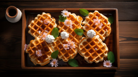 the waffles are displayed on a dark wooden tray, resembling delicate flowers. they feature intricate details, with a combination of light orange and white colors. the photo has a vaporwave aesthetic, with a high dynamic range. it beautifully merges natural and man-made elements, creating a visually appealing image. ai generatedの素材