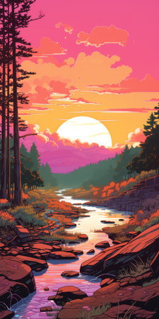 a landscape painting at sunset in the woods, featuring a sublime wilderness with calm waters. this artwork, created in the style of 2d game art, showcases saturated color fields in shades of orange and magenta. the realistic hyper-detail brings the serene beauty of the scene to life, reminiscent of poster art. ai generatedの素材