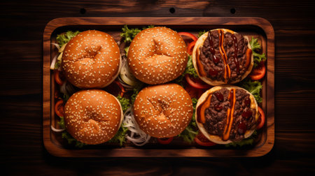 hot dogs and hamburgers are beautifully arranged on a wooden tray in this 8k resolution photograph. the symmetrical composition, enhanced by softbox lighting, creates a visually pleasing display. the wet-on-wet blending technique adds depth and texture to the image. with installation-based elements, the dark amber and red staining adds a touch of warmth and richness to the overall aesthetic. ai generatedの素材