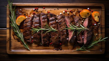 a board featuring a succulent steak adorned with fragrant rosemary herbs. this captivating photograph, captured in the style of dark orange and light maroon, showcases the intricate details of the dish. with a resolution of 32k uhd, this image beautifully highlights the artistry of renowned artists steve hanks, yildiray cinar, and andrew hem, known for their body extensions and multi-layered compositions. ai generatedの素材
