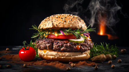 a burger, inspired by guido borelli da caluso, is captured in this photo. the black background adds a smokey atmosphere, while the samyang af 14mm f28 rf lens brings out vibrant and lively colors. the composition showcases natural materials, reminiscent of the styles of serge marshennikov and salvator rosa. ai generatedの素材
