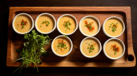 five bowls of soup are beautifully arranged on a wooden rack, showcasing a captivating blend of light yellow and gold hues. this aerial view captures the refined elegance of the vancouver school style. the bowls, made of cheese, add a unique touch to the composition. this stunning image is available under the creative commons attribution license and was captured using schlieren photography. ai generatedの素材