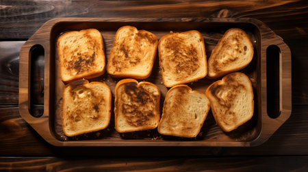 a photo of a toast on a wooden tray with a sauce, showcasing explosive pigmentation and a texture-rich appearance. the color palette consists of dark amber and white, reminiscent of farm security administration aesthetics. the composition is repetitive, highlighting the combination of all the aforementioned elements. this visually captivating image is reminiscent of the creative style often associated with adafruit. ai generatedの素材