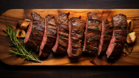 aerial photography of a historically accurate hispanicore steak, wrapped in a striking symmetrical pattern, placed on a board with sides. the high-resolution image showcases the dark brown and red hues of the steak, creating an enticing visual appeal. ai generatedの素材