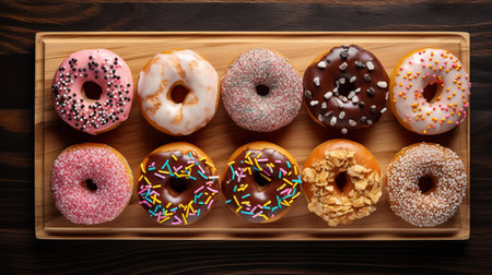 a tray of donuts with sprinkles and frosting, showcasing a unique design resembling different wood grains. this high-resolution photo captures the vibrant colors of the donuts, with a color splash effect. the combination of light pink and dark amber hues adds a visually appealing touch. the image represents a fusion of styles, including solarpunk, and reflects aspects of american consumer culture. ai generatedの素材