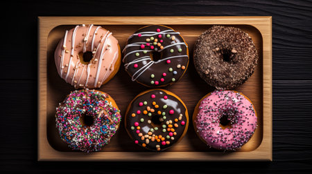 a row of donuts is displayed on a wooden tray, showcasing a playful yet dark aesthetic. this high-resolution photo captures the vibrant colors and unique patterns of the donuts, creating a visually striking image. with elements of drugcore, mixed patterns, exaggerated features, and solapunk, this photo is a captivating representation of contemporary style. ai generatedの素材
