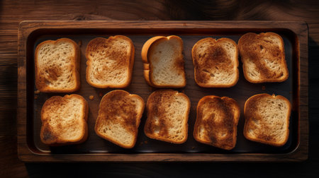 toasted french toast, presented on a rustic wooden board, showcases the artistic style of zbrush. with its symmetrical and repetitive design, the dish is brought to life through realistic chiaroscuro lighting. captured in stunning 8k resolution by marcin sobas, the image is enhanced by flat perspectives and distinct framing. ai generatedの素材