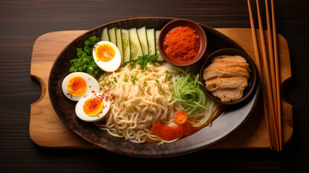 a bowl of 32k uhd ramen noodles topped with boiled eggs, showcasing the exquisite craftsmanship of hallyu chef bess hamiti. the earthy palette of the dish is enhanced by hdr technology, capturing every detail and texture. indulge in this visually stunning creation by renowned chef yumihiko amano. ai generatedの素材