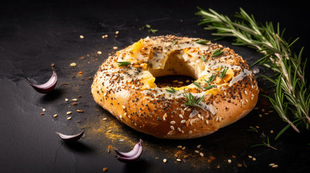 a bagel with fresh herbs and spices is showcased on a gray background. the bagel is beautifully crafted, resembling a cheese-like texture. the image is captured in uhd quality, highlighting the contrasting colors of dark sky-blue and light gold. the split toning technique adds depth to the composition, with hints of dark amber and white creating an exquisite visual appeal. ai generatedの素材