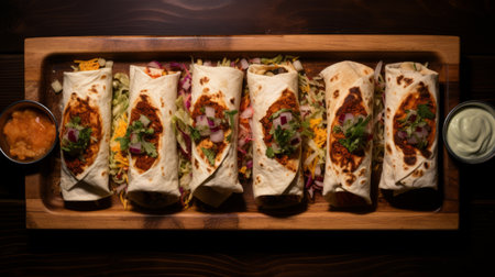a tray filled with a selection of mouthwatering burritos, captured in stunning detail using darktable processing. this high-resolution 32k uhd photograph showcases the unique textures of the burritos, complemented by the intricate patterns of varying wood grains. the artistic touch of brad rigney is evident through bold and dynamic lines, creating a visually captivating image. thechamba's expertise in schlieren photography adds an extra layer ofの素材