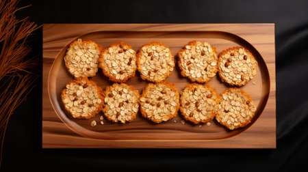 a wooden tray with cookies is placed on a table, showcasing radiant clusters and an intricate texture. the low resolution image captures the applecore, light brown and orange hues, giving it a whistlerian vibe. the photo exudes youthful energy. ai generatedの素材