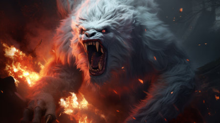 a white and dark monster dashes through a fiery inferno, showcasing realistic and hyper-detailed renderings. this captivating artwork combines elements of furry art, himalayan art, and caninecore aesthetics. shot on 70mm film, the image exudes a sense of epic portraiture, enhanced by the use of rtx technology. ai generatedの素材